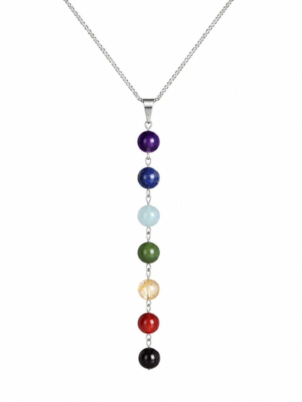 Rainbow Chakra Gemstone Bead Drop Necklace – Silver Tone Vertical Pendant - NWT